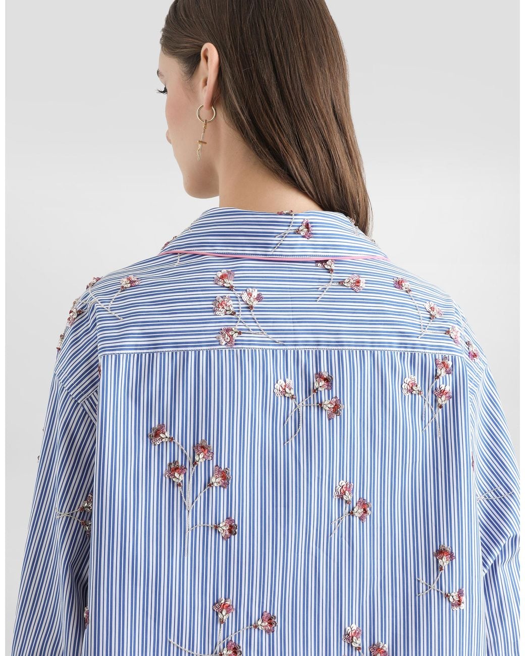 Dolce & Gabbana Blue Poplin Shirt With Crystal Flower Embroidery