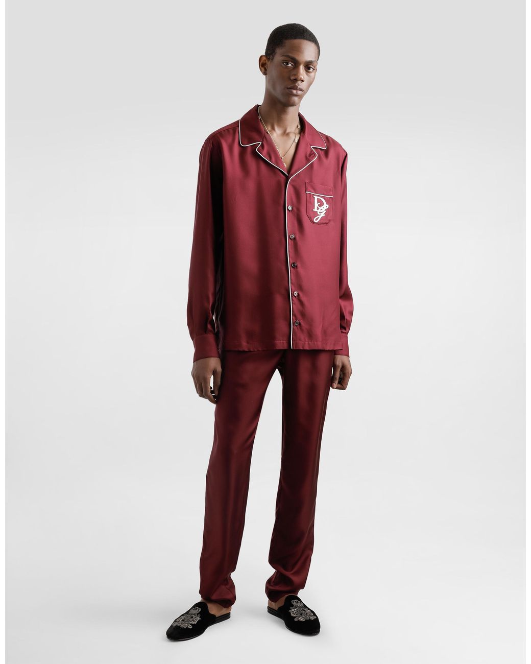Dolce & Gabbana Red Silk Pajama Pants With Logo Embroidery for men