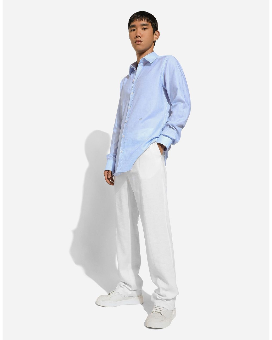 Dolce & Gabbana Blue Cotton And Linen Martini-Fit Shirt for men