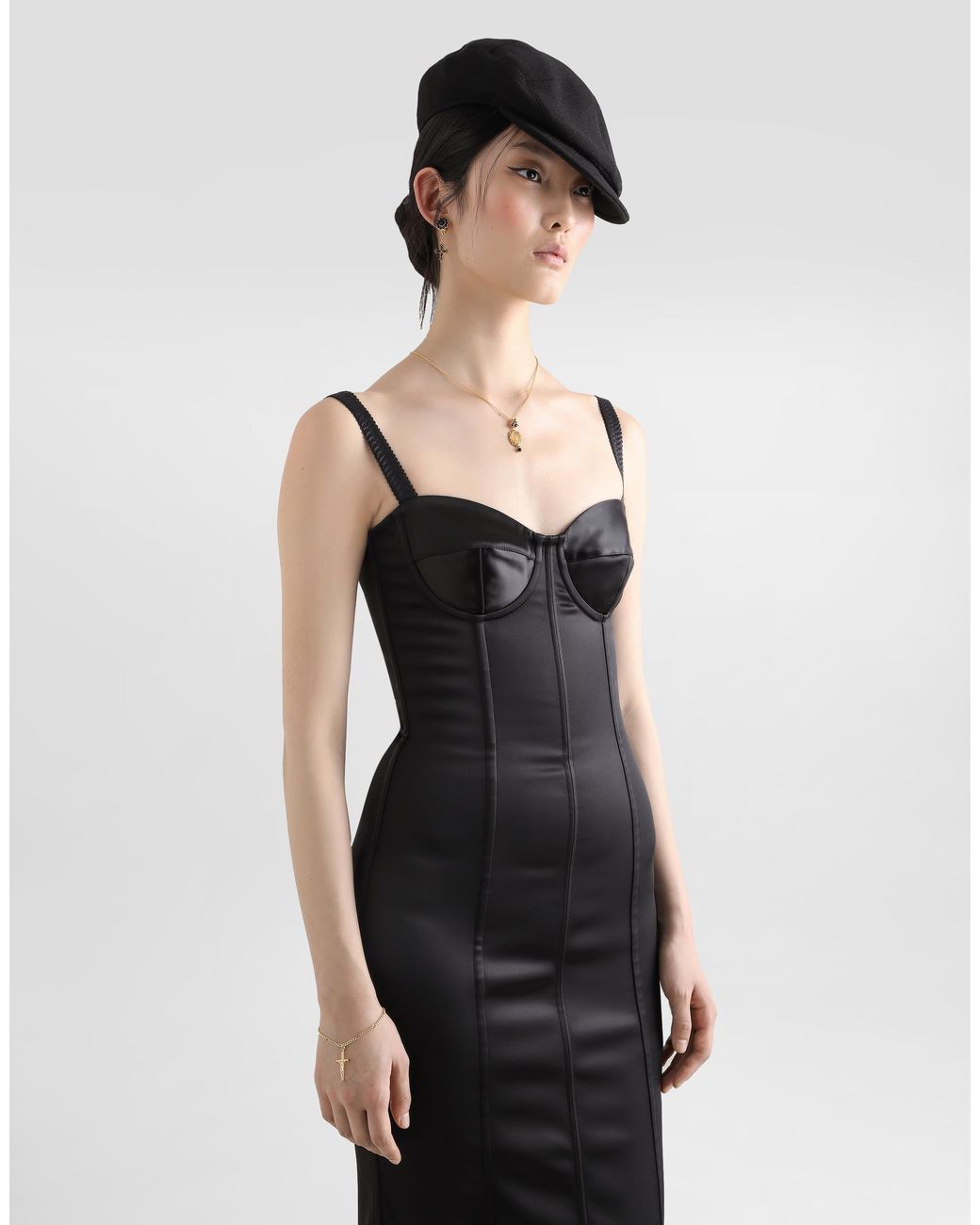 Dolce & Gabbana Black Satin Calf-Length Corset Dress With Bra Detail