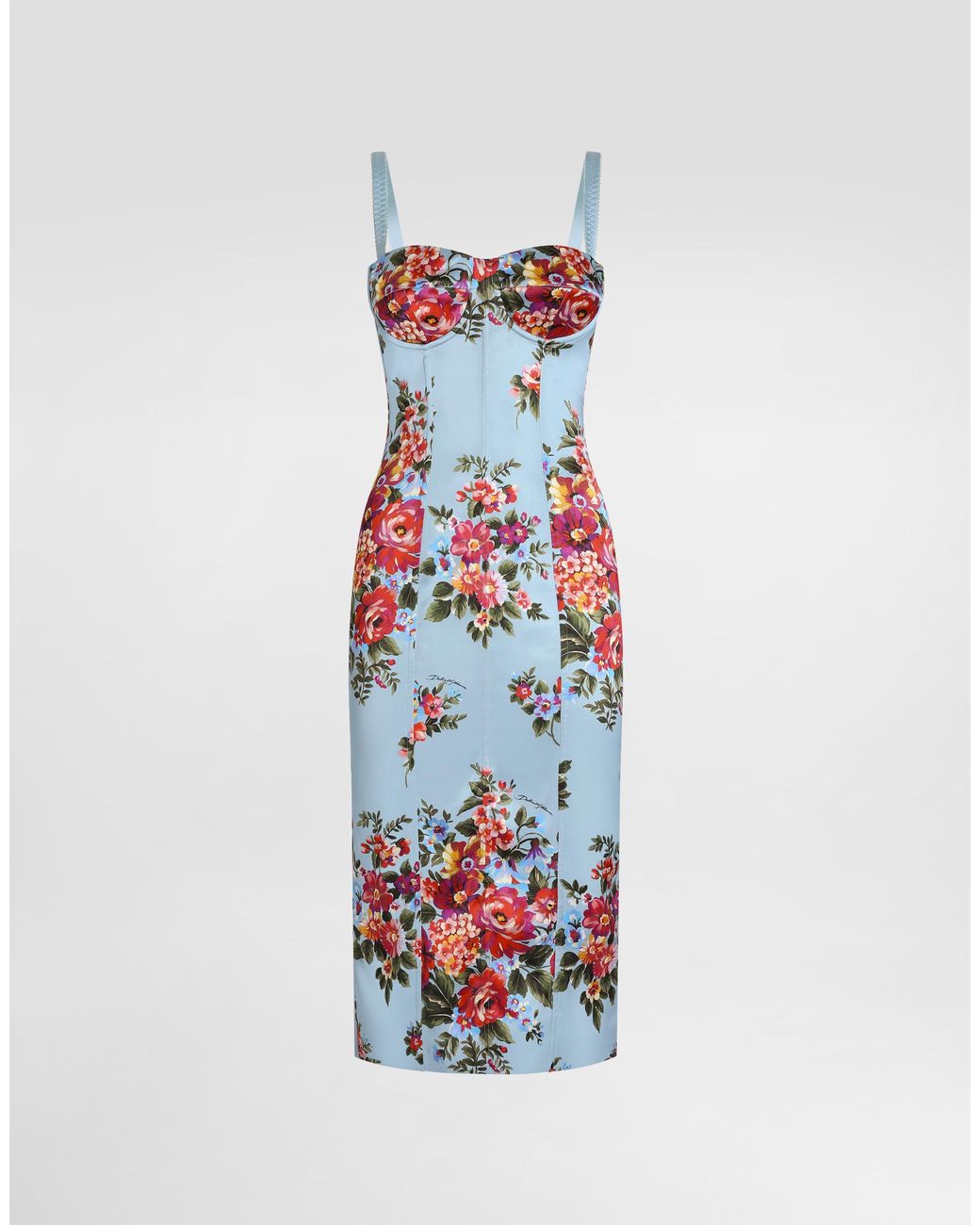 Dolce & Gabbana White Flower Bouquet-Print Satin Dress