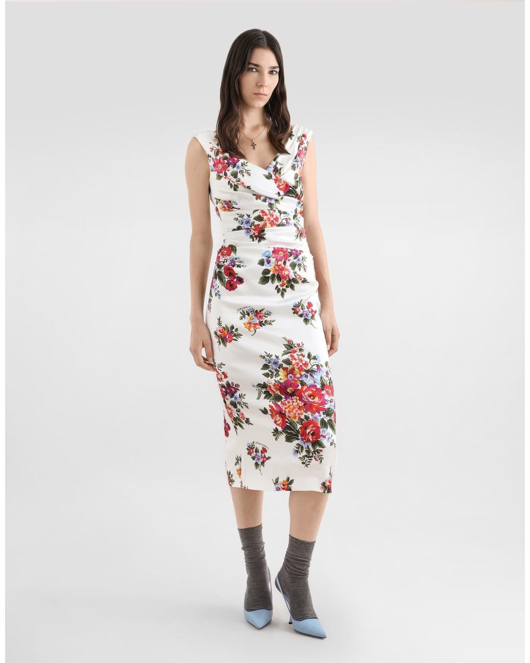Dolce & Gabbana White Flower Bouquet-Print Satin Dress