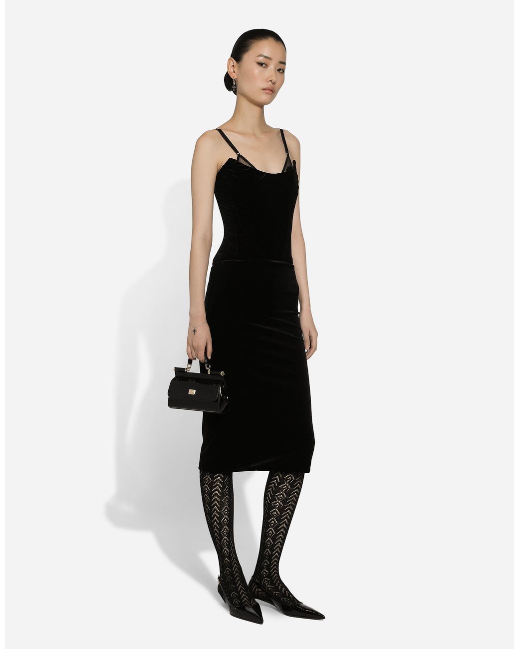 Dolce & Gabbana Black Velvet Calf-Length Corset Dress
