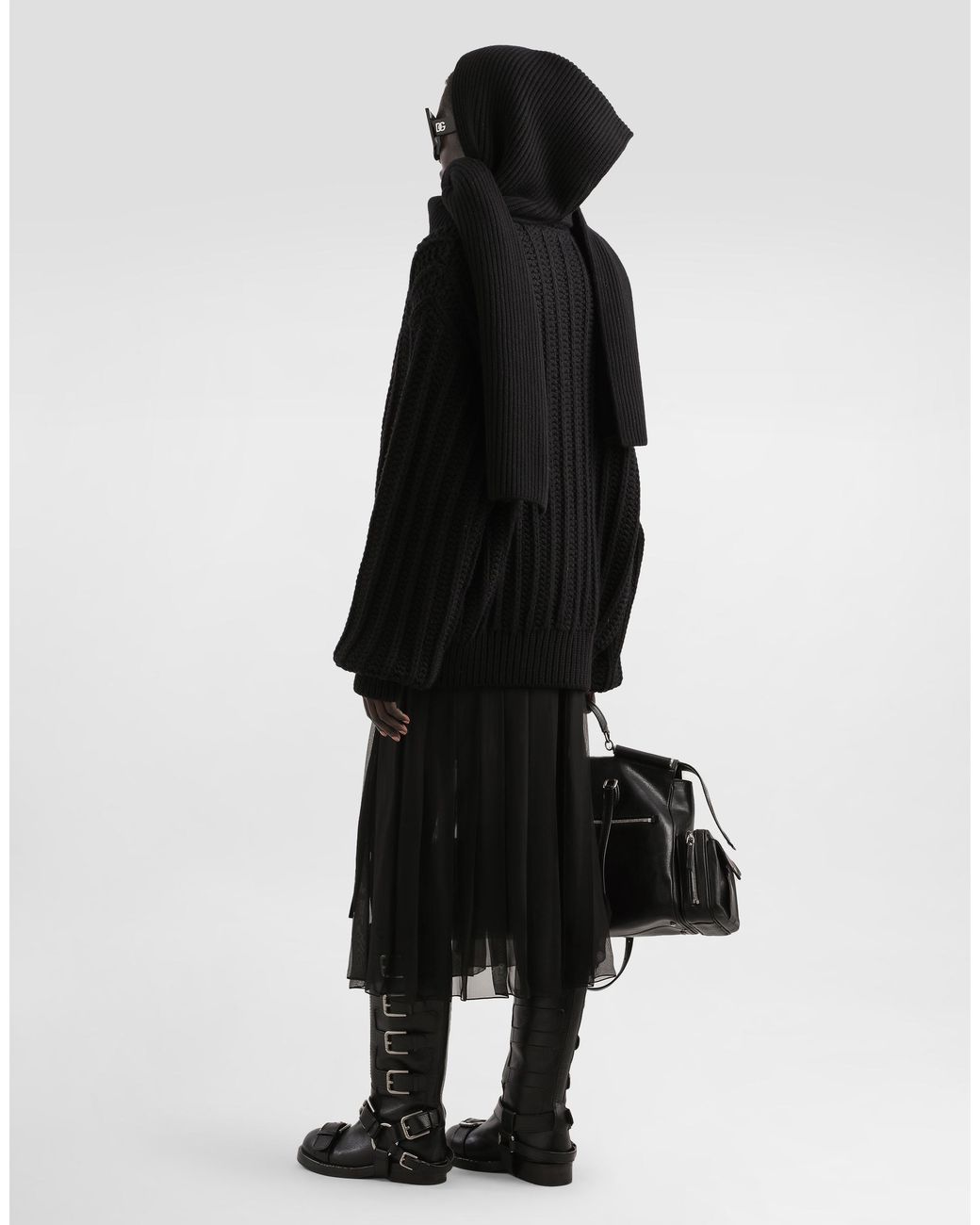 Dolce & Gabbana Black Twill Midi Skirt With Chiffon