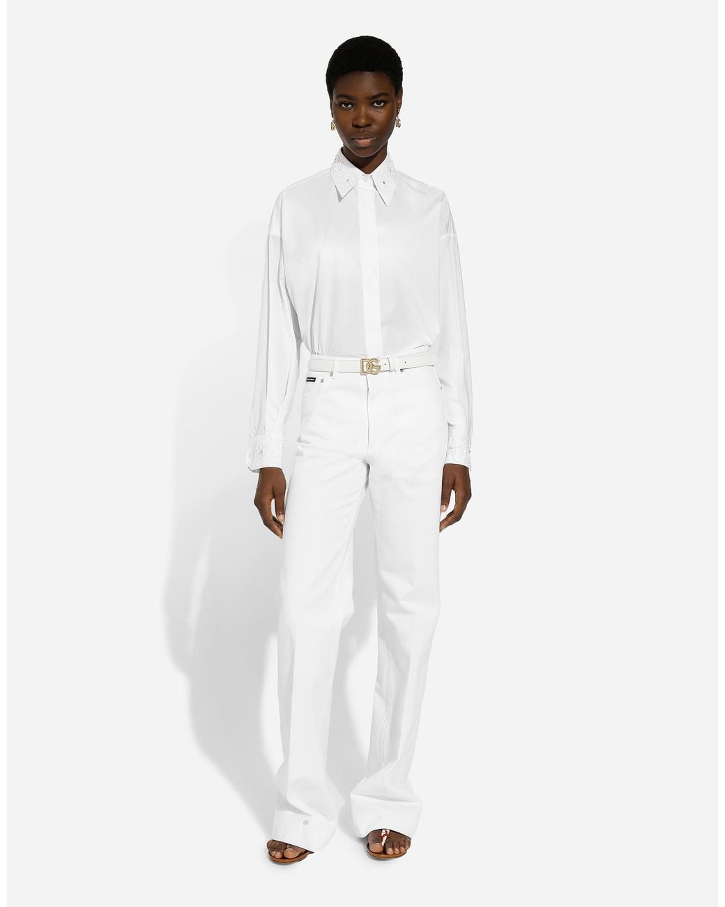 Dolce & Gabbana White Long-Sleeved Cotton Shirt With Embroidered Collar