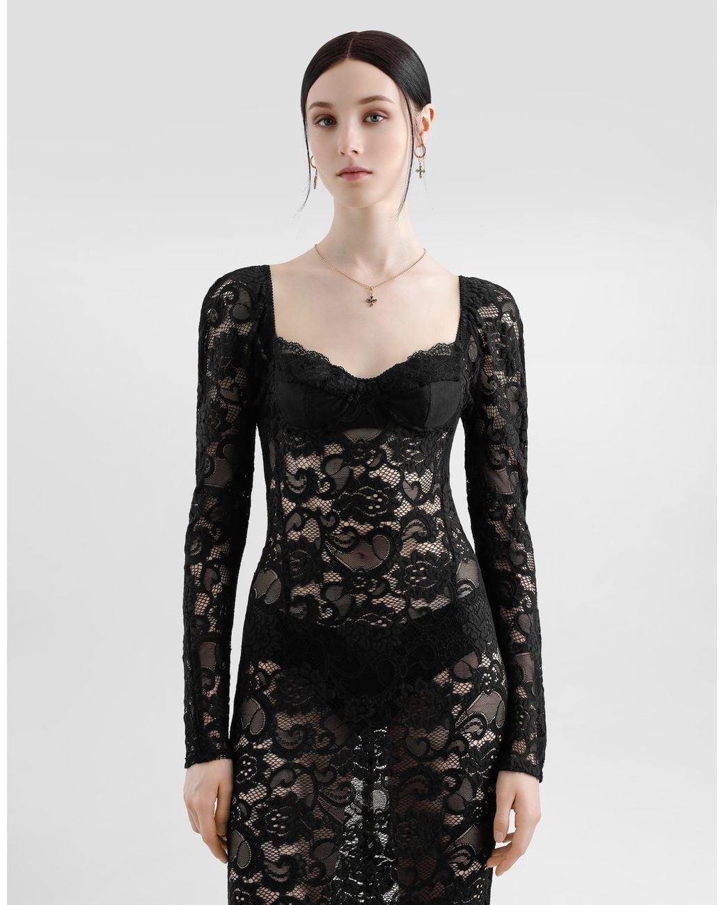 Dolce & Gabbana Black Calf-Length Floral Lace Dress With Bra-Style Cups