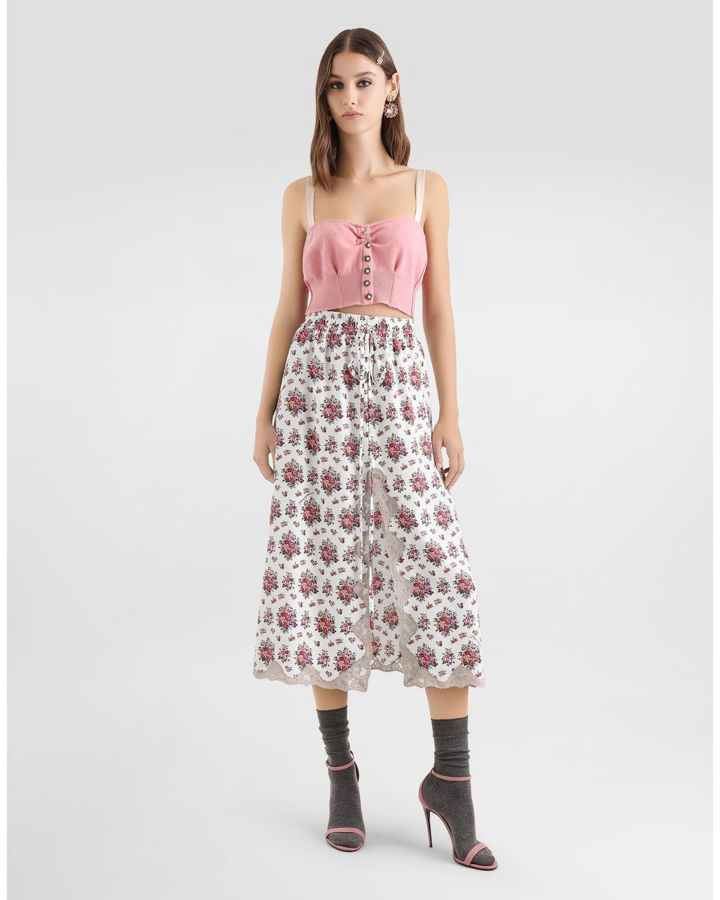 Dolce & Gabbana White Small Flower Bouquets-Print Midi Skirt