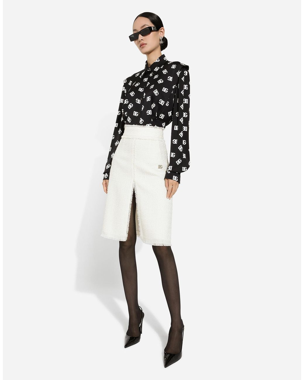 Dolce & Gabbana White Raschel Tweed Midi Skirt With Central Slit