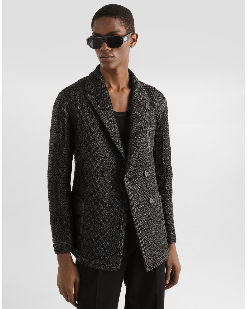 Dolce & Gabbana Black Double-Breasted Raffia Mesh Jacket for men