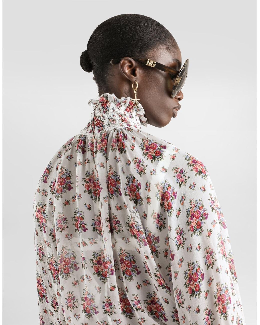 Dolce & Gabbana White Small Flower Bouquets-Print Chiffon Top