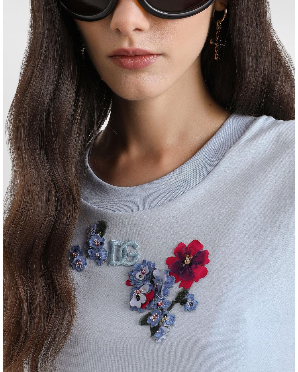 Dolce & Gabbana Blue Jersey T-Shirt With Flower Patch
