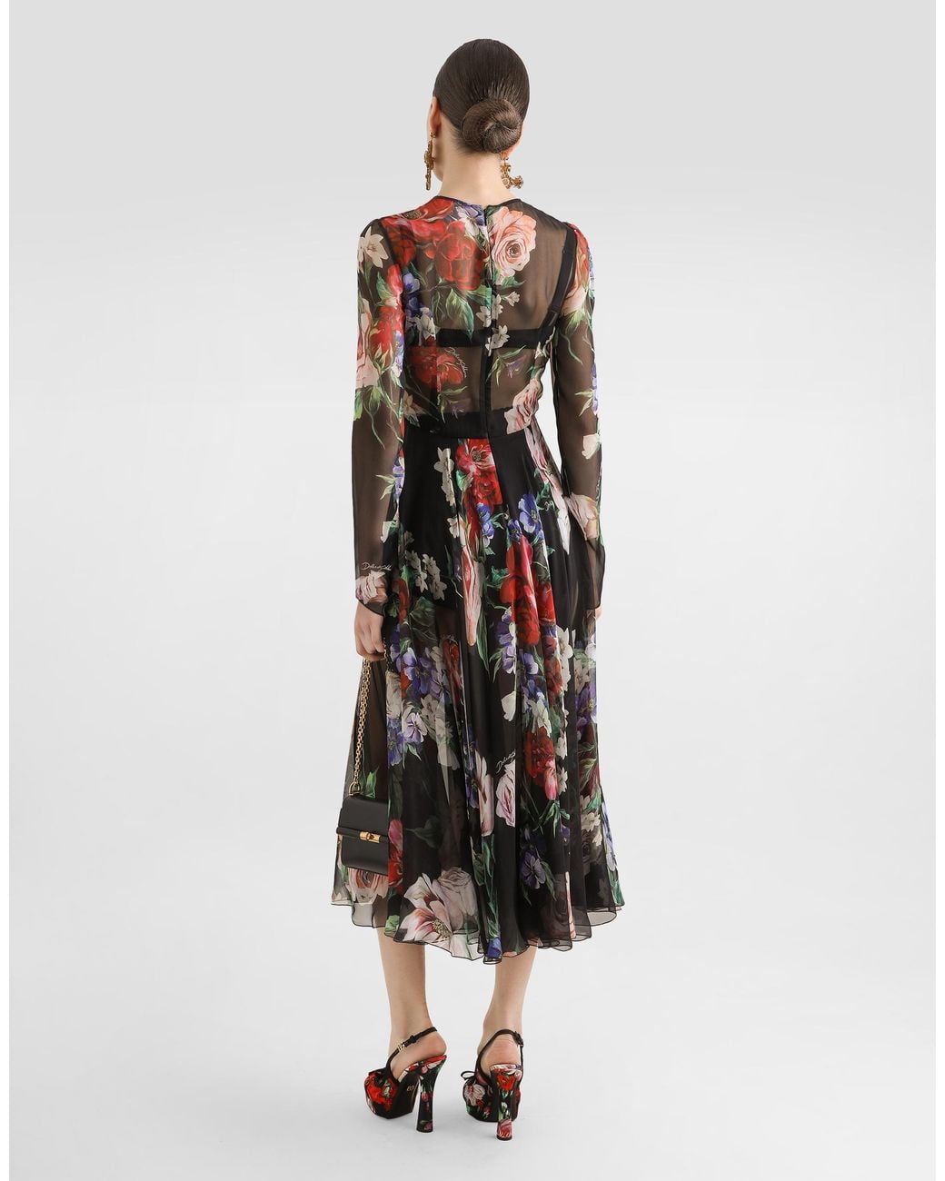 Dolce & Gabbana Multicolor Floral- Chiffon Calf-Length Dress With Circle Skirt