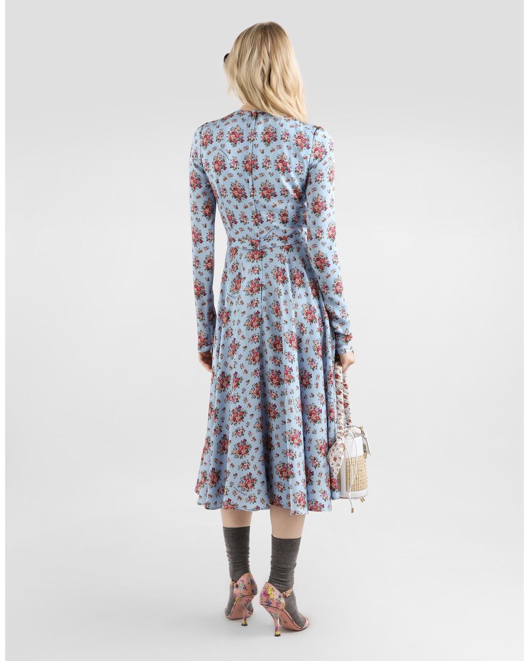 Dolce & Gabbana Blue Small Flower Bouquets-Print Long Charmeuse Dress