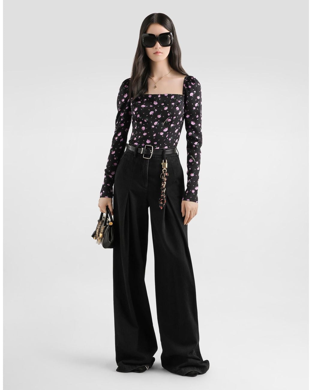 Dolce & Gabbana Black Carnations-Print Silk Top