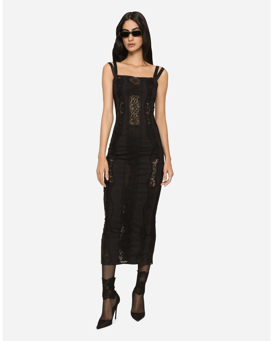 Dolce & Gabbana Black Longuette-Kleid Aus Jersey Mit Einsätzen Aus Spitze