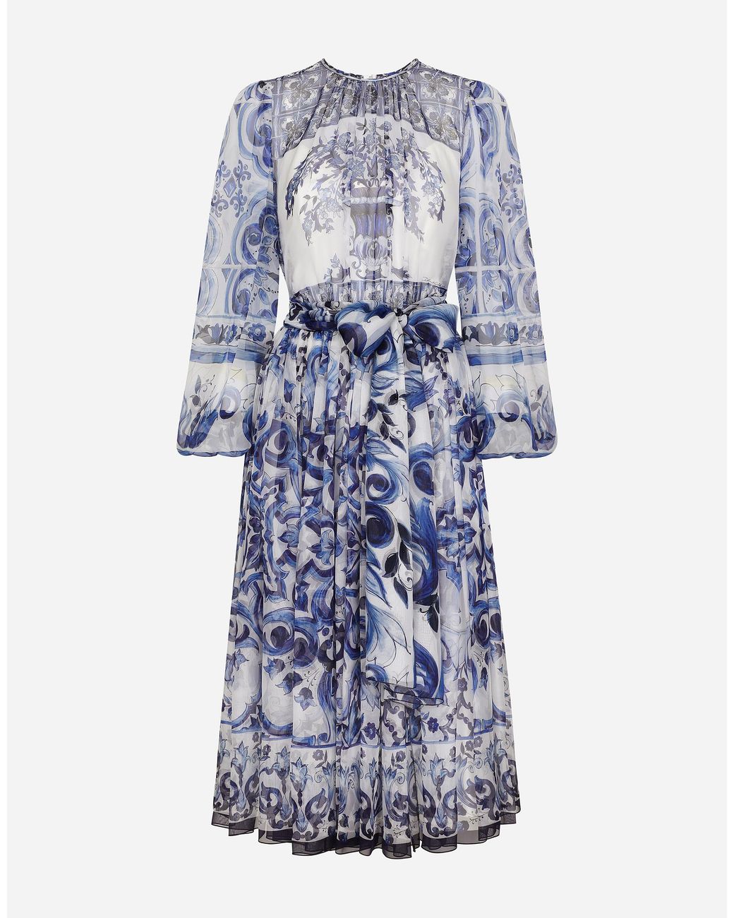 Dolce & Gabbana Blue Majolica Print Chiffon Midi Dress