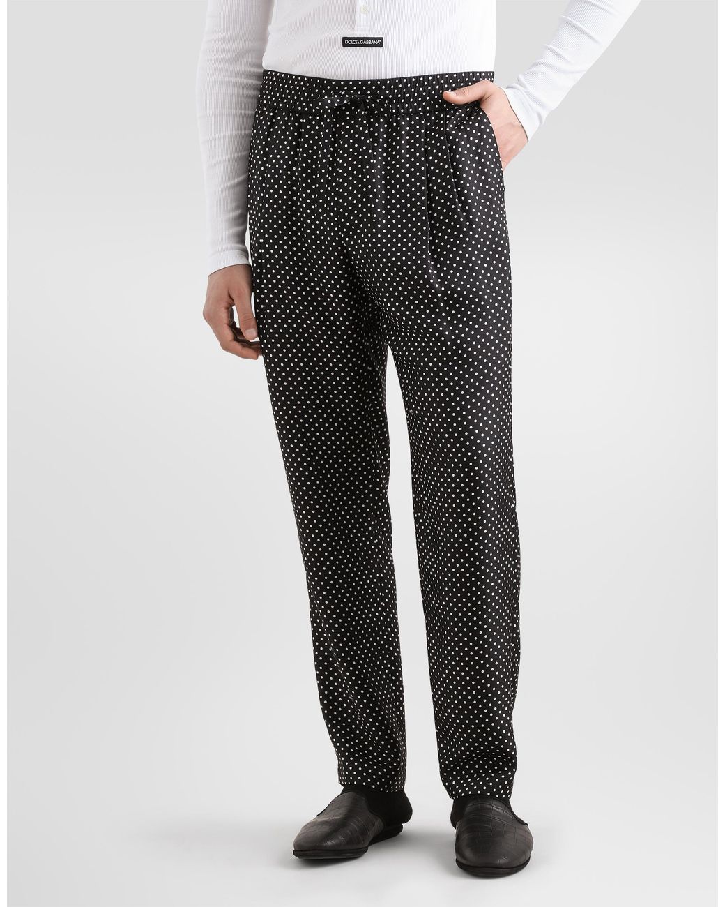 Dolce & Gabbana Gray Polka Dot-Print Silk Twill Trousers for men