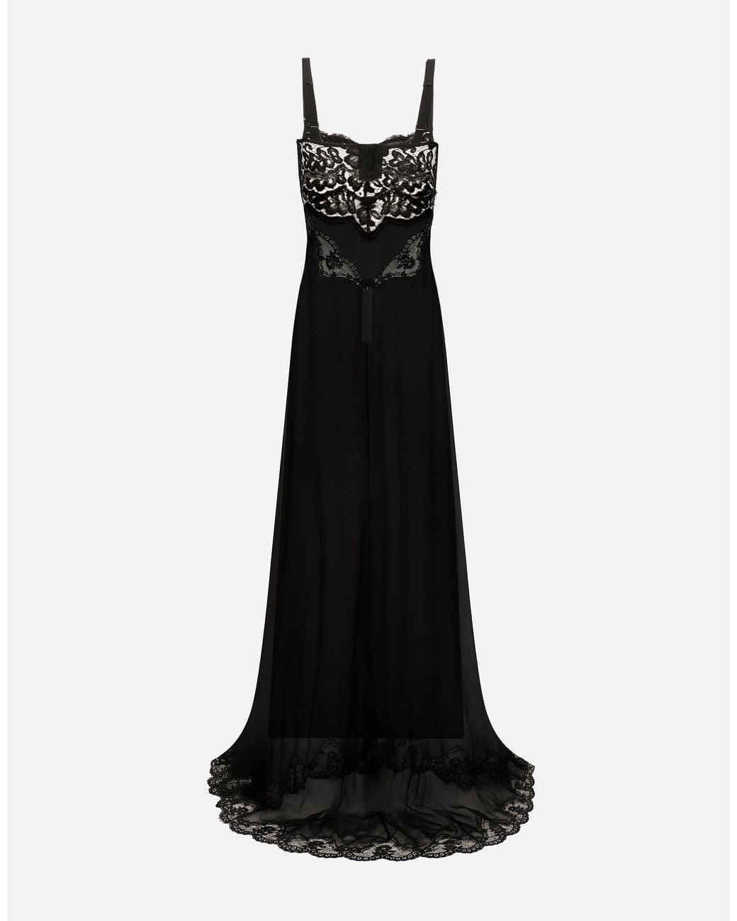 Dolce & Gabbana Black Long Silk Chiffon Dress With Lace Body