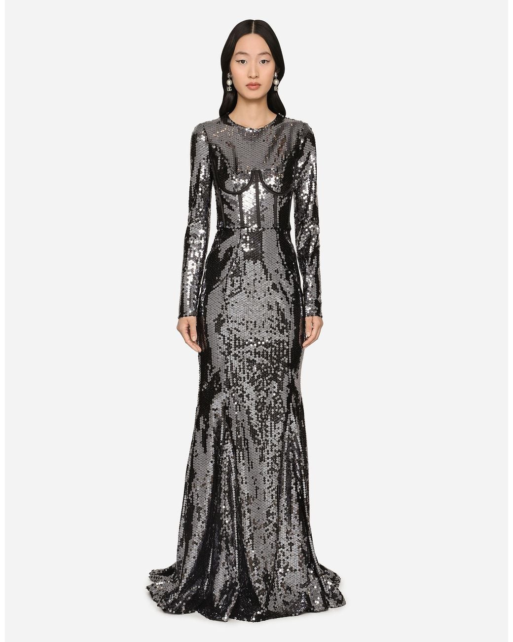 Dolce & Gabbana White Long Sequined Dress With Corset Detailing