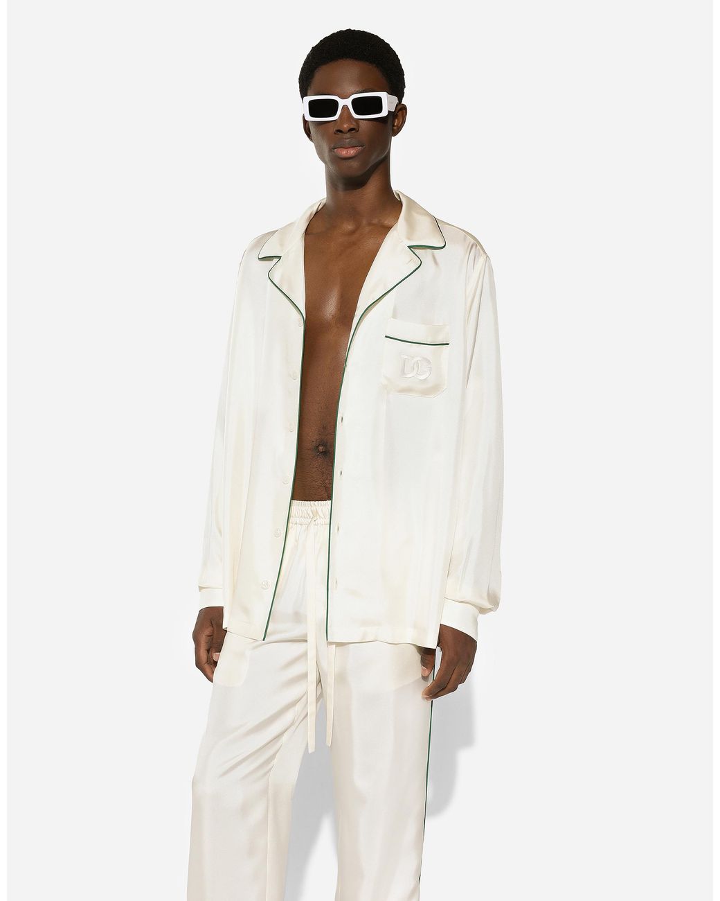 Dolce & Gabbana White Silk Twill Shirt With Dg Embroidery for men