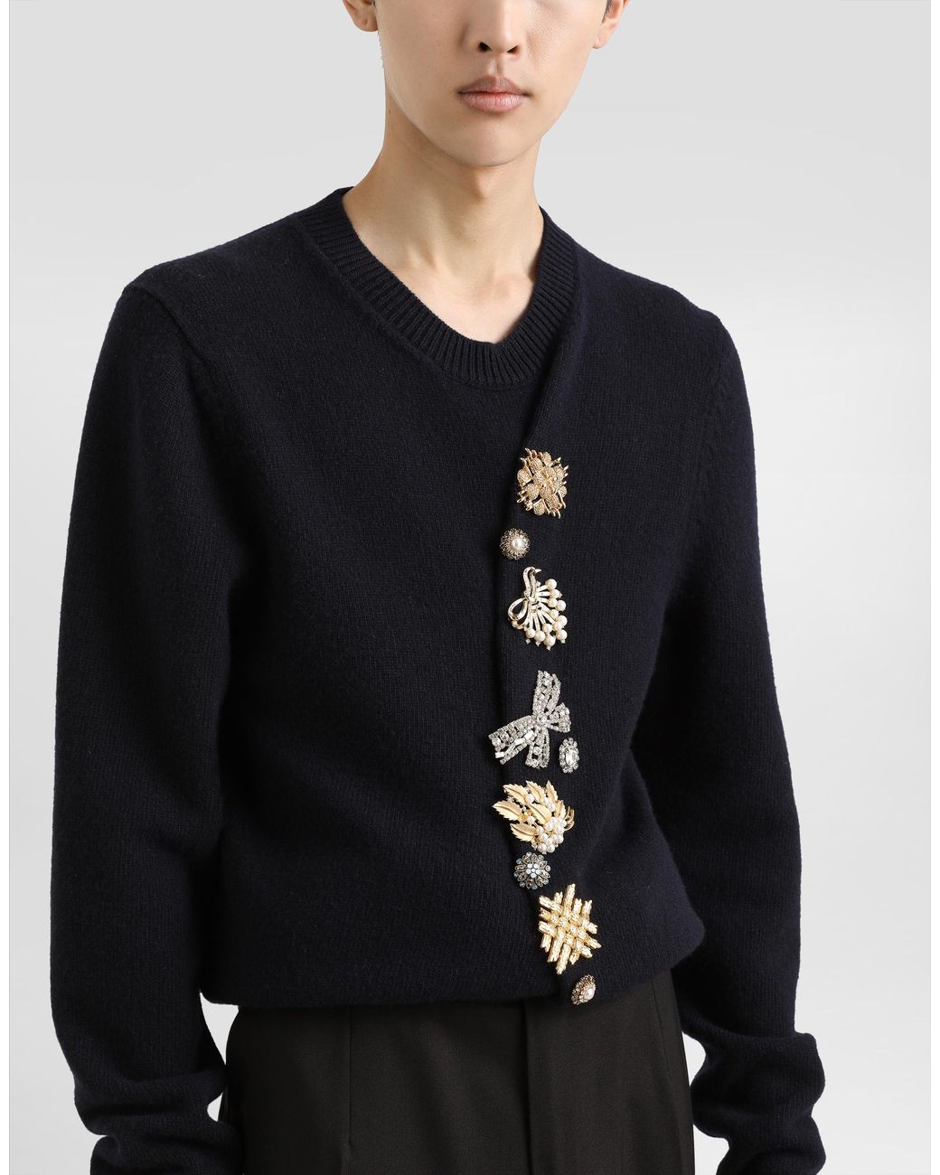 Dolce & Gabbana Blue Wool Round-Neck Sweater With Bejeweled Buttons for men