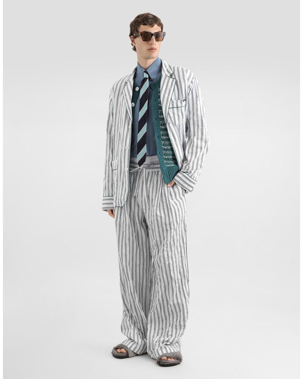 Dolce & Gabbana White Crinkled Striped Poplin Vanity Robe for men