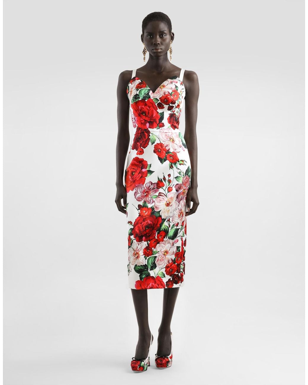 Dolce & Gabbana White Strapless Satin Calf-Length Dress With Rose