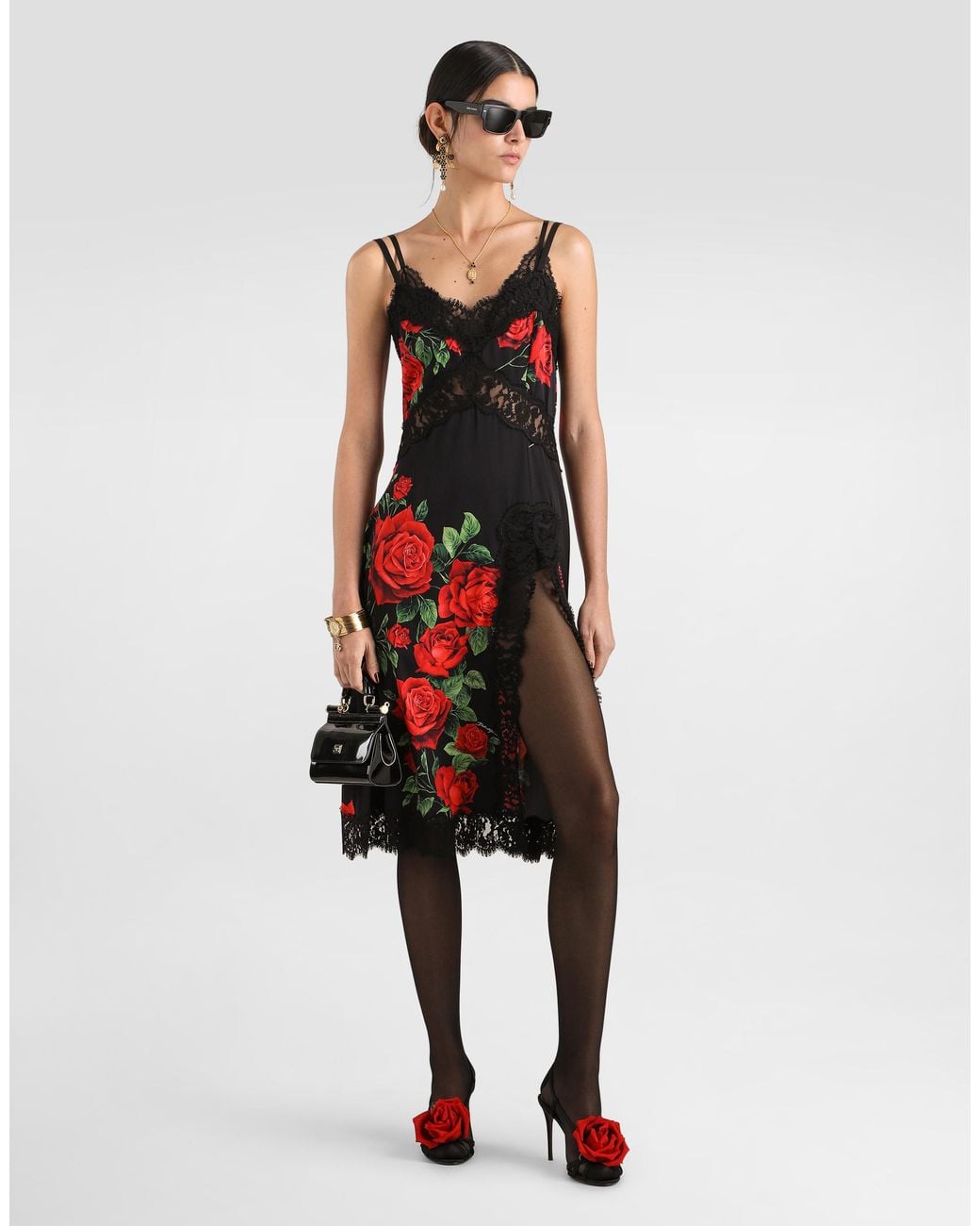 Dolce & Gabbana Red Rose-Print Charmeuse Dress�