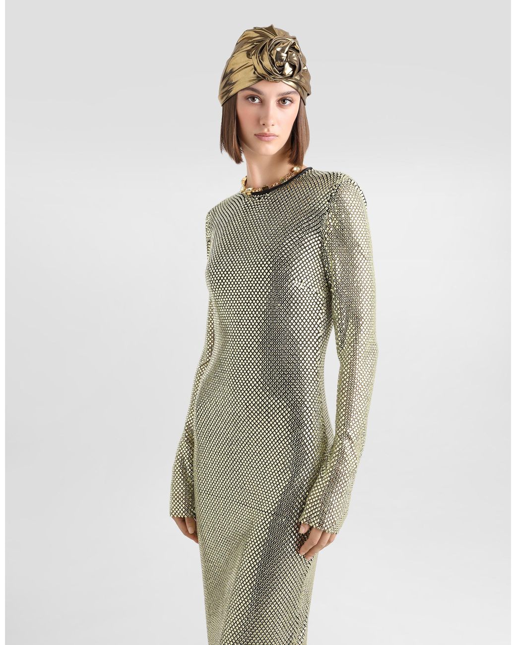 Dolce & Gabbana Metallic Long Crystal Mesh Dress