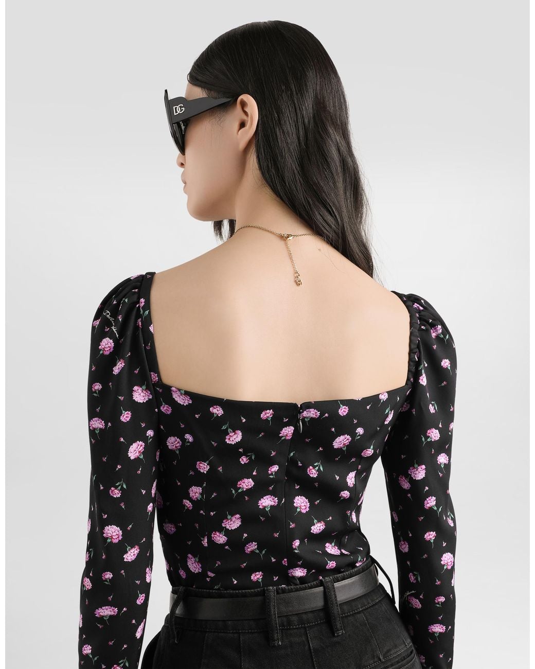 Dolce & Gabbana Black Carnations-Print Silk Top
