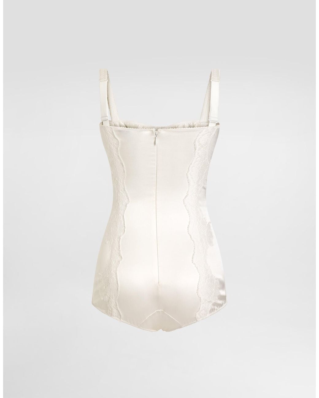 Dolce & Gabbana White Silk Balconette-Bra Bodysuit With Lace Detailing