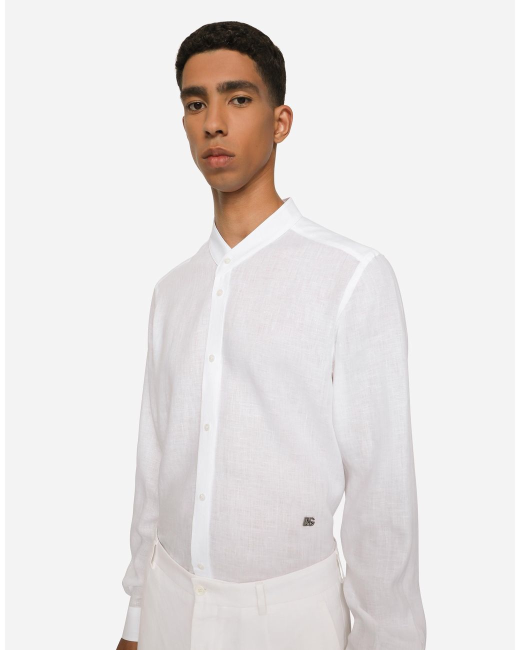 Dolce & Gabbana White Linen Martini-Fit Shirt With Dg Hardware for men