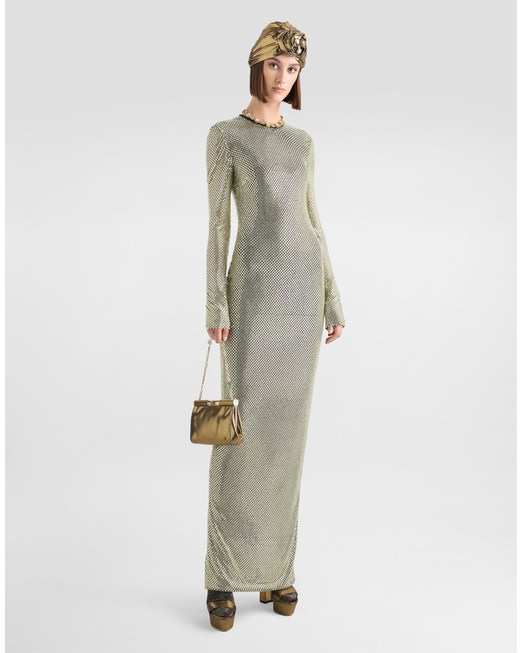 Dolce & Gabbana Metallic Long Crystal Mesh Dress