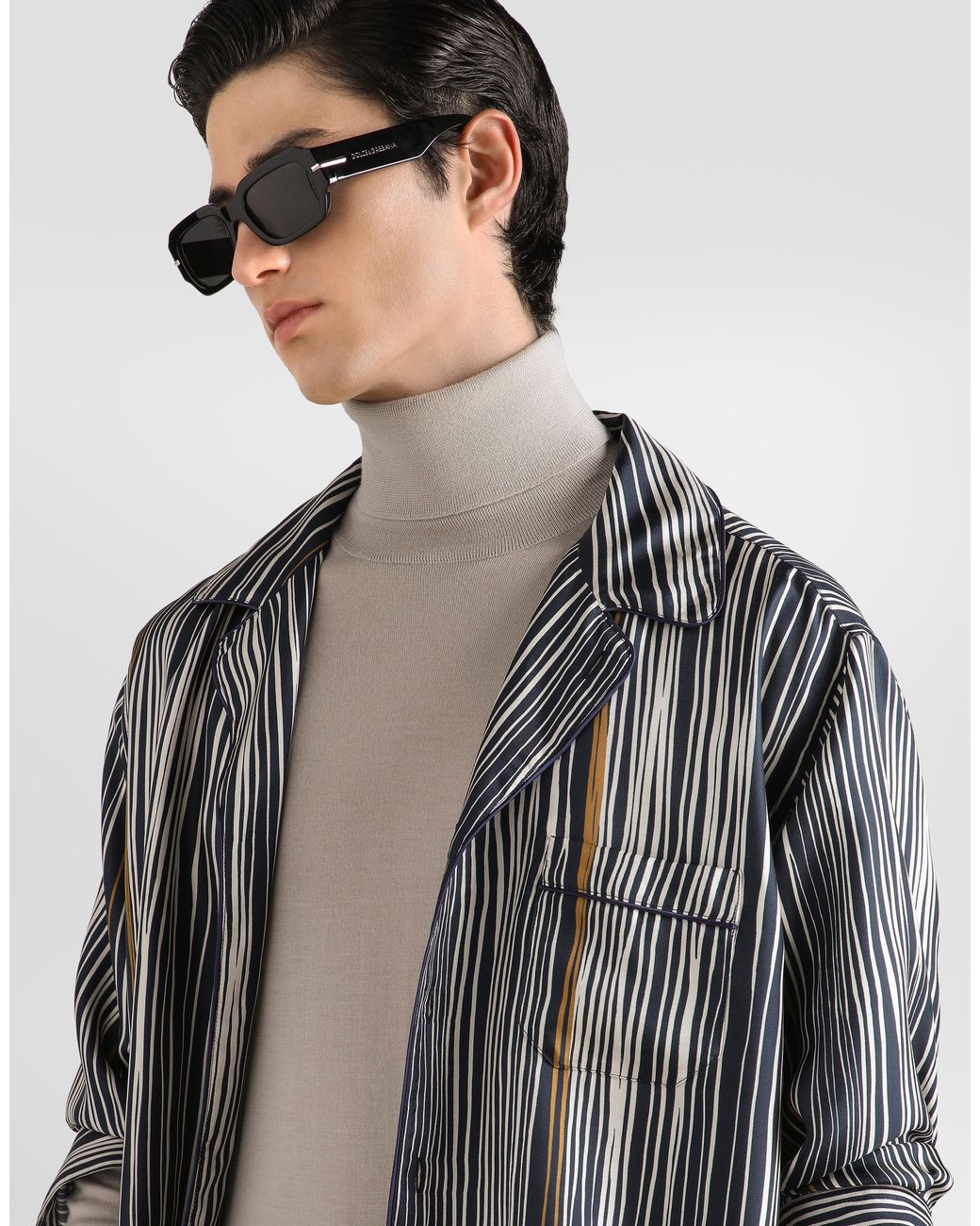 Dolce & Gabbana Gray Stripe-Print Hawaii Silk Twill Shirt for men