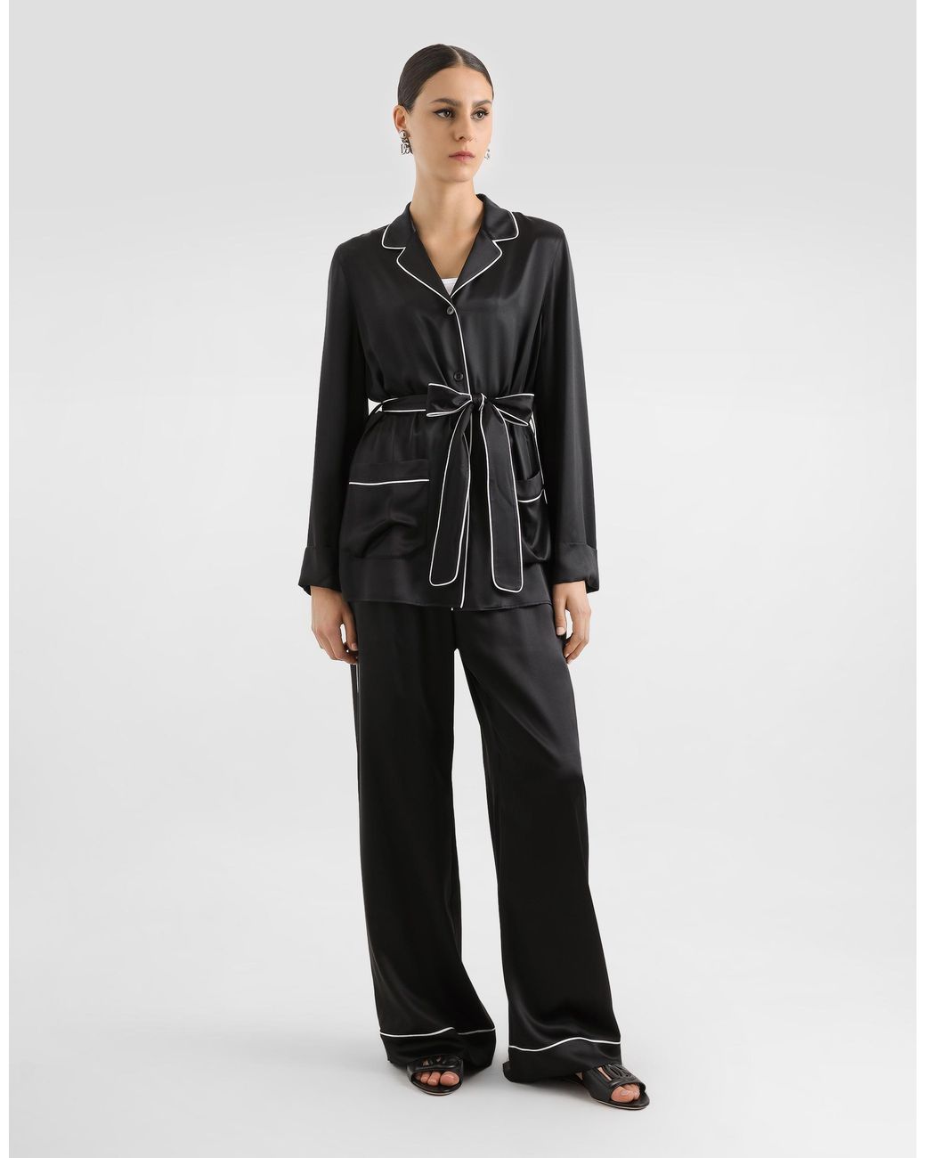 Dolce & Gabbana Black Silk Pajama Shirt With Contrasting Piping