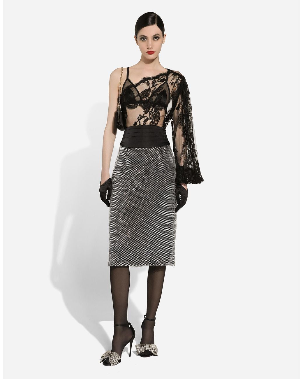 Dolce & Gabbana Black Chantilly Lace One-Shoulder Blouse