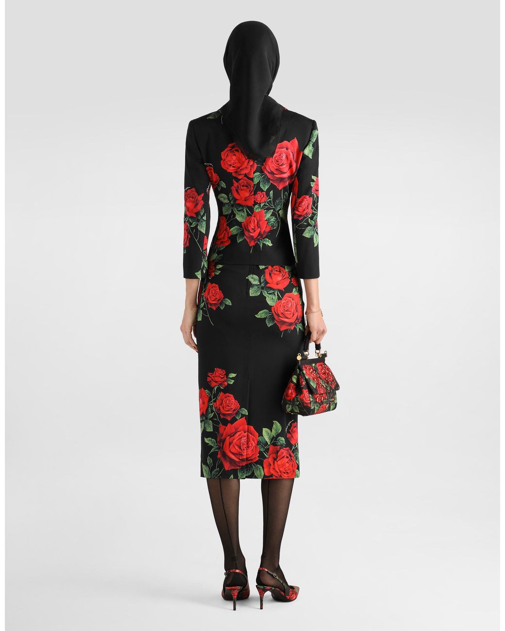 Dolce & Gabbana Red Rose-Print Charmeuse Skirt