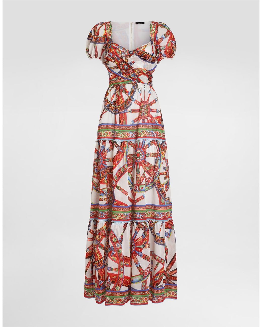 Dolce & Gabbana White Long Batiste Dress With Carretto-Print