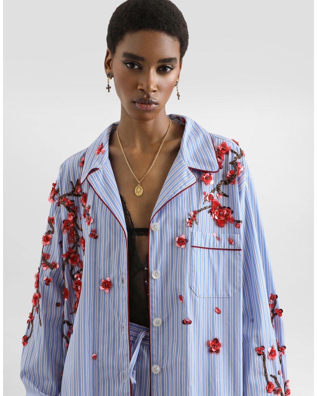 Dolce & Gabbana Blue Poplin Shirt With Cherry Tree Embroidery