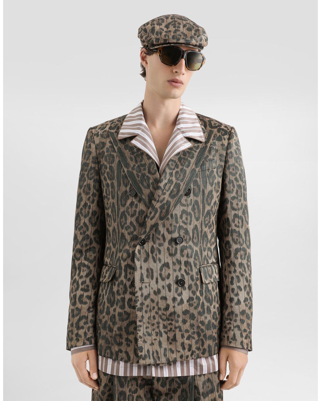 Dolce & Gabbana Brown Leopard- Jacquard Double-Breasted Jacket for men