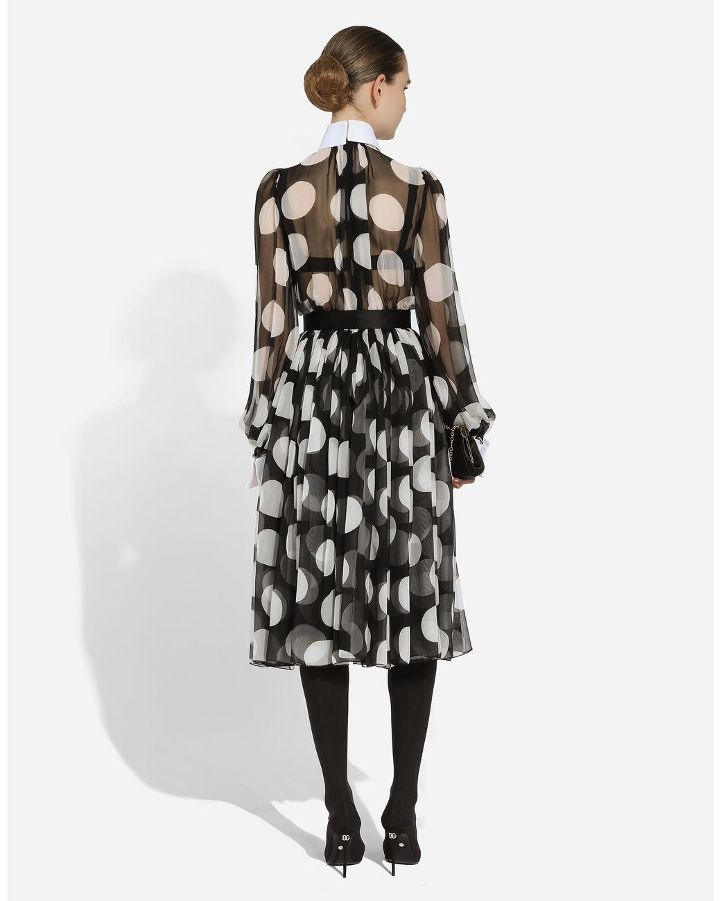 Dolce & Gabbana Black Polka Dot Long Sleeve Belted Chiffon Midi Dress