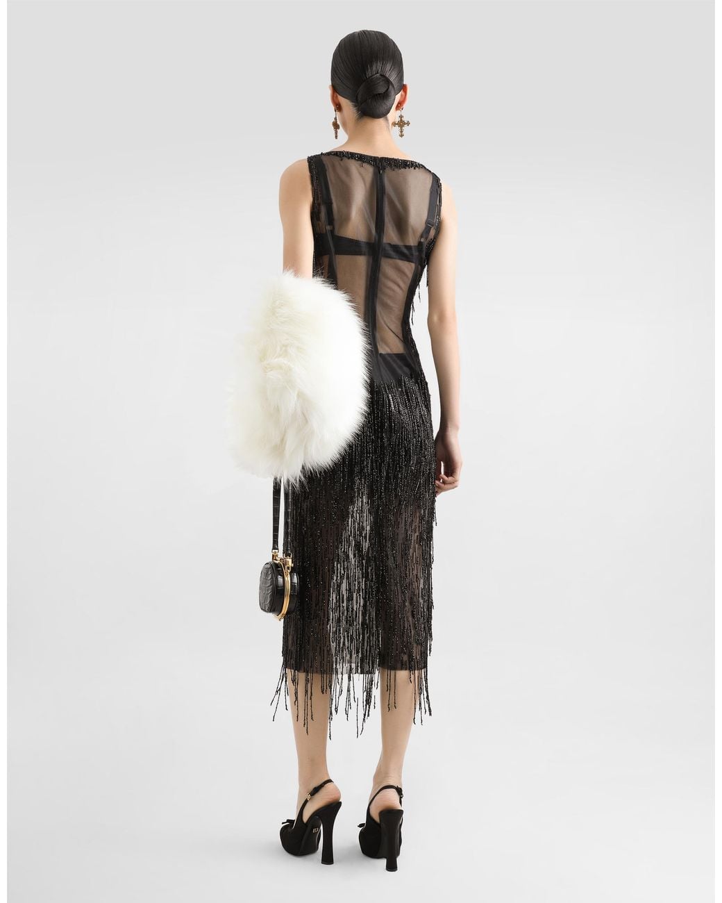 Dolce & Gabbana Black Sleeveless Calf-Length Marquisette Dress With Sequined Fringing