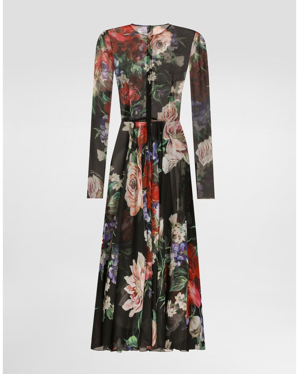 Dolce & Gabbana Multicolor Floral- Chiffon Calf-Length Dress With Circle Skirt