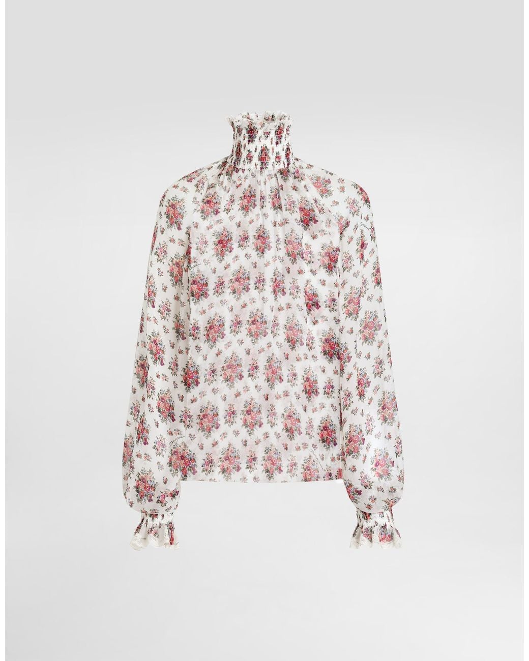 Dolce & Gabbana White Small Flower Bouquets-Print Chiffon Top