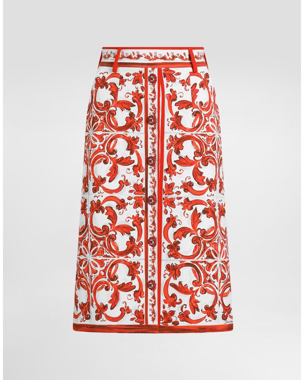 Dolce & Gabbana Red Majolica-Print Brocade Skirt With Jewel Buttons