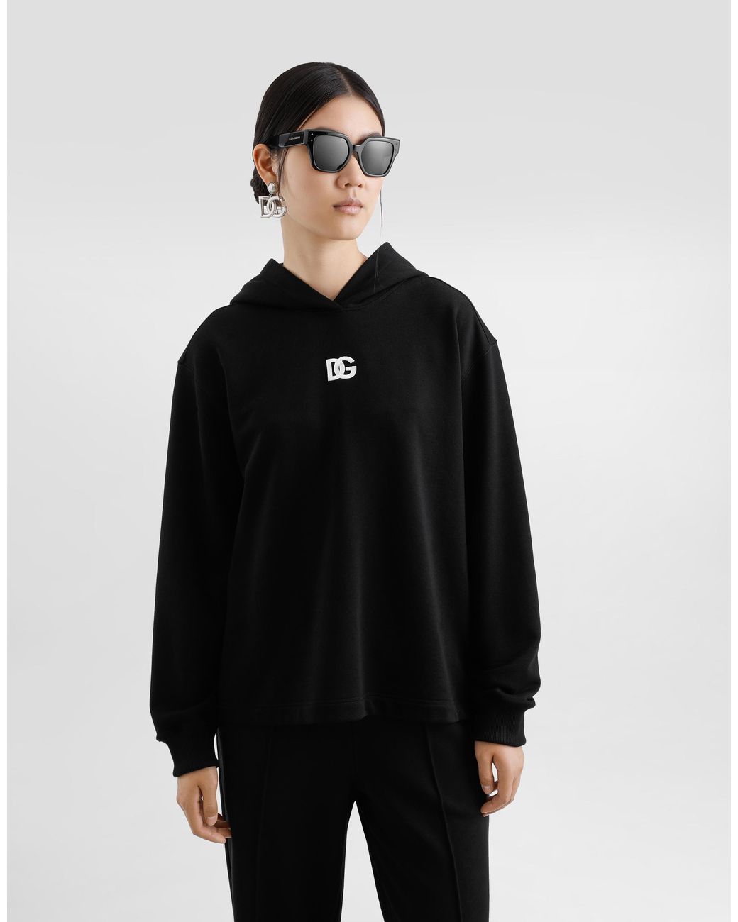 Dolce & Gabbana Black Kapuzensweatshirt Aus Jersey Mit Dg-Stickerei