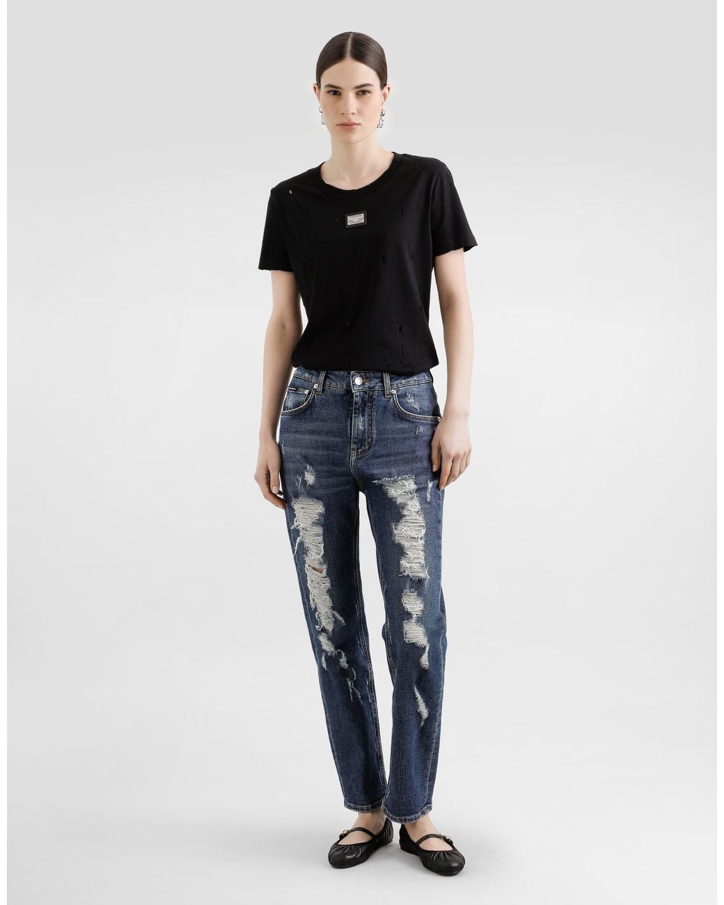 Dolce & Gabbana Black Jersey T-Shirt With Rips And Tag