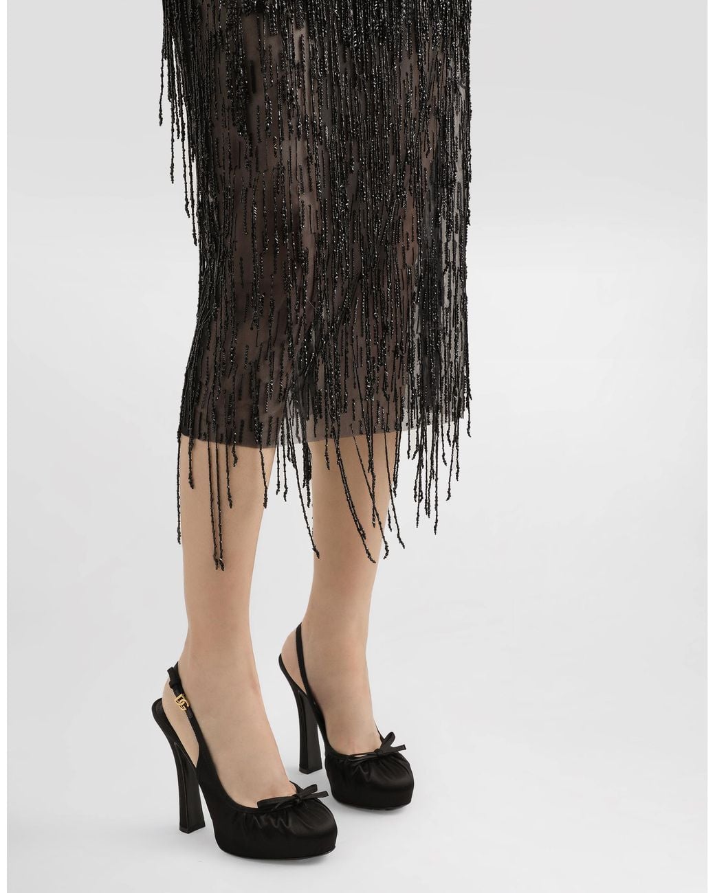 Dolce & Gabbana Black Sleeveless Calf-Length Marquisette Dress With Sequined Fringing
