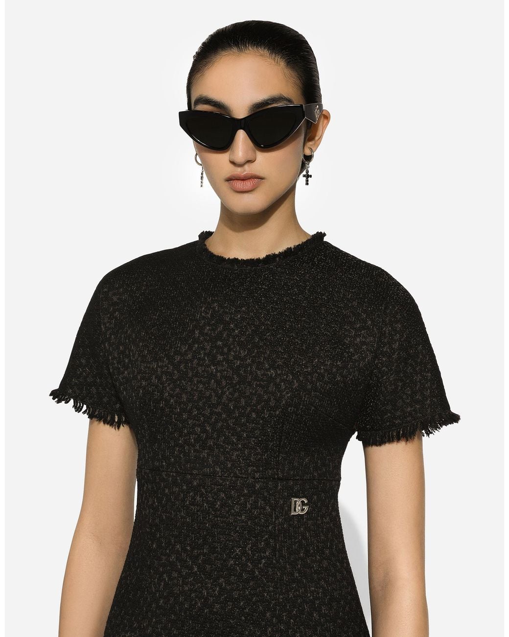 Dolce & Gabbana Black Raschel Tweed Midi Dress With Dg Logo
