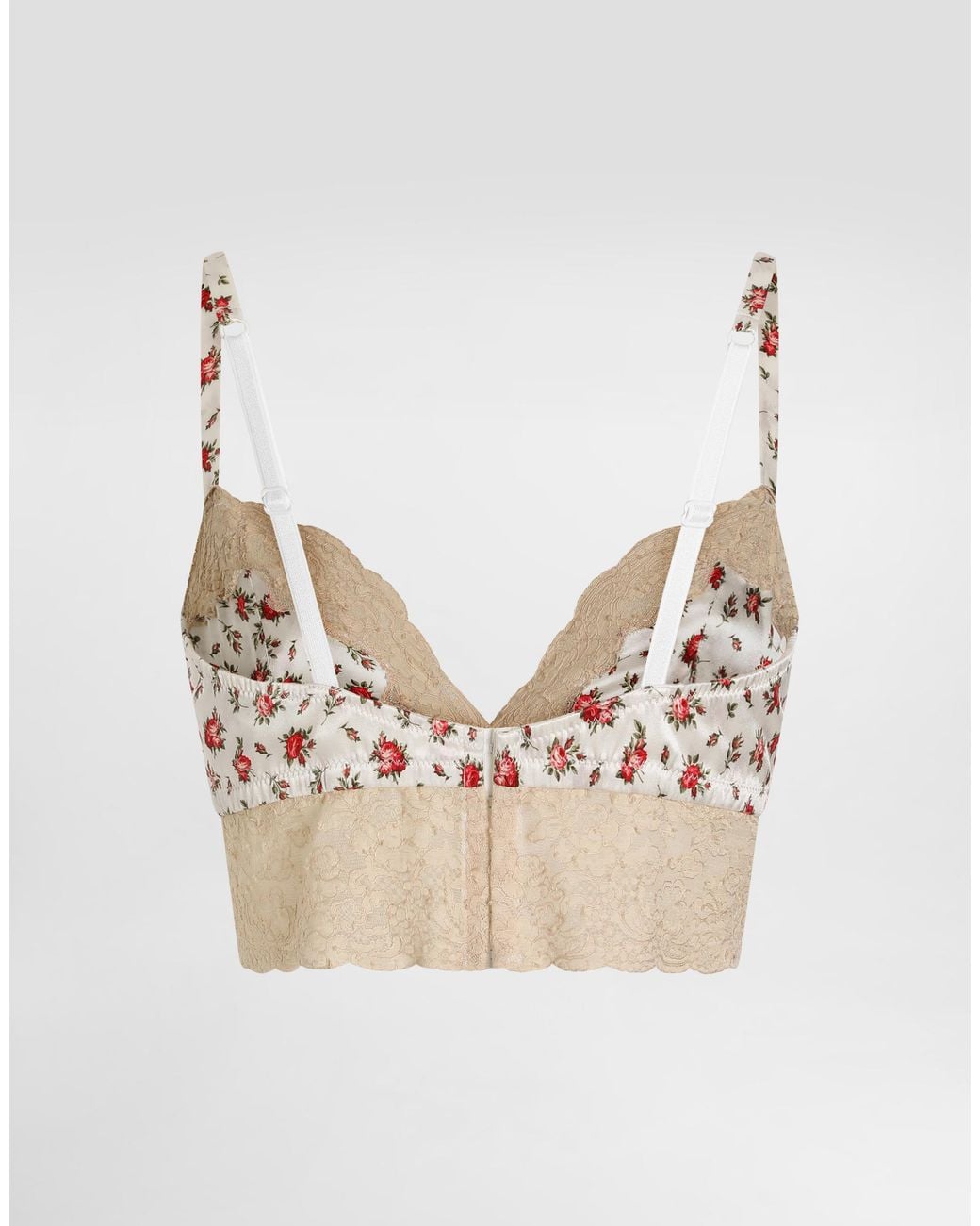 Dolce & Gabbana Natural Small Rose-Print Satin And Lace Bra